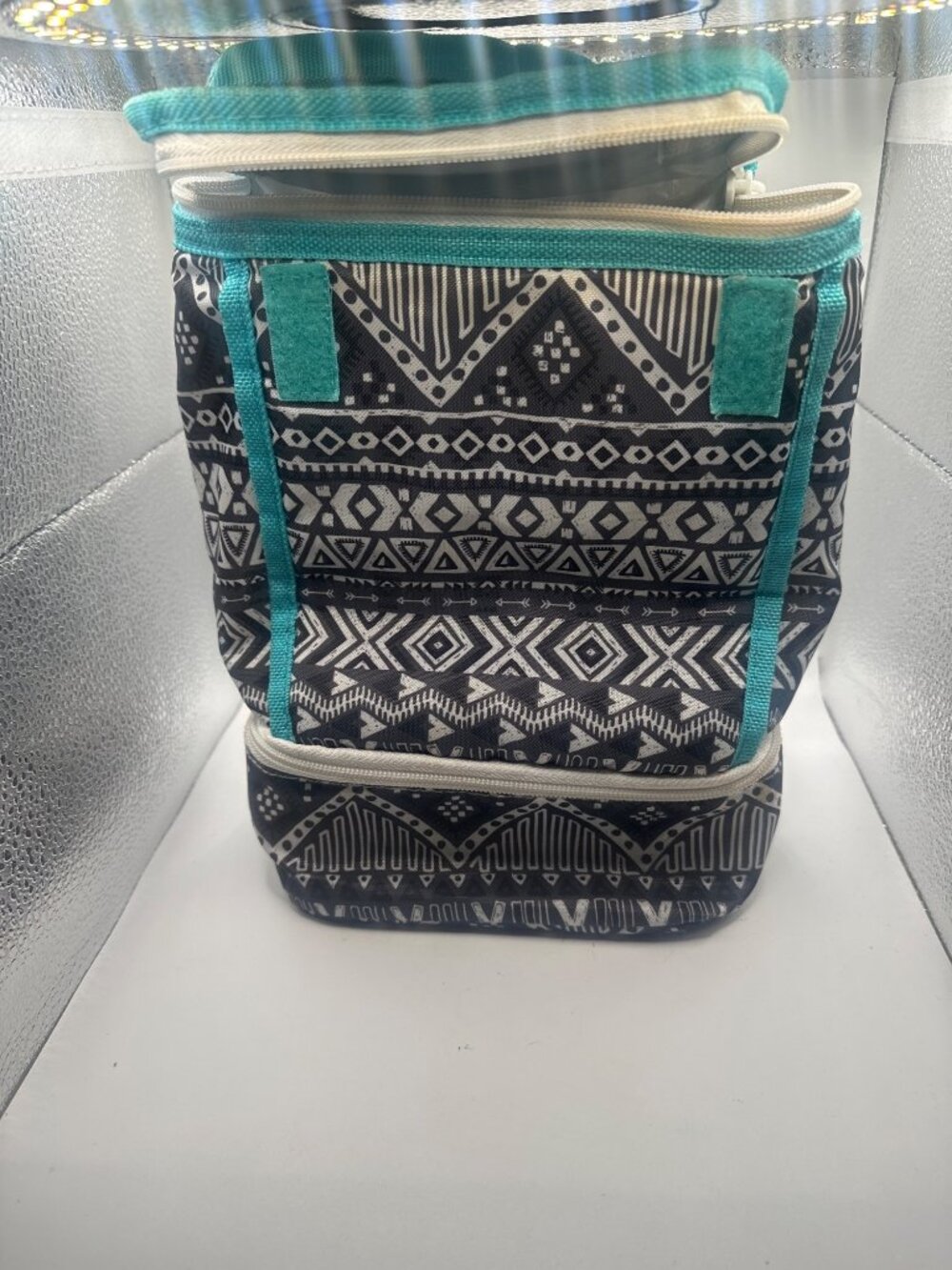 Insulated Dual-Compartment Lunch Bag With Tribal Print & Aqua Accents